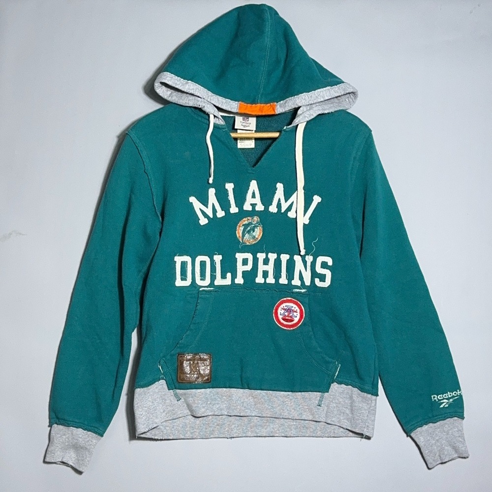 Reebok Vintage Boxy Hoodie Mens Size Small Miami Dolphins NFL Teal Patchwork